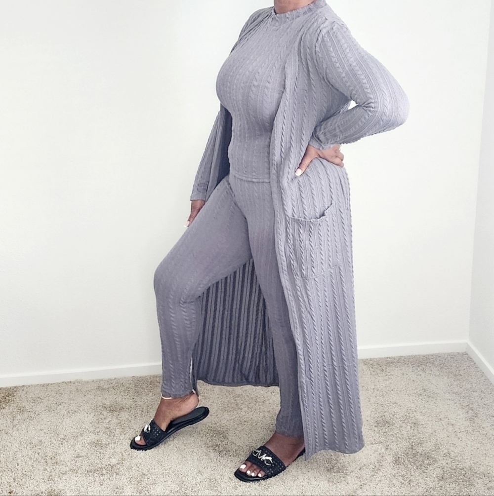 Ellie & Kate Women's Grey Knit Duster Round-Neck Cami, & Traveler's Knit Pants
